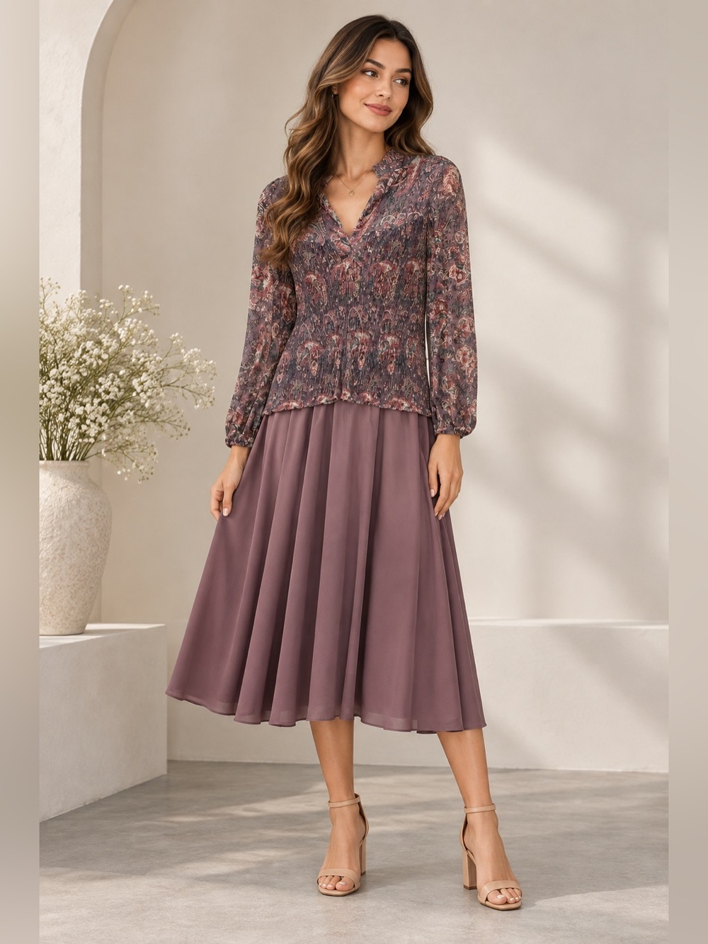 Liz Roberts Vintage Mauve Paisley Midi Dress Size 16